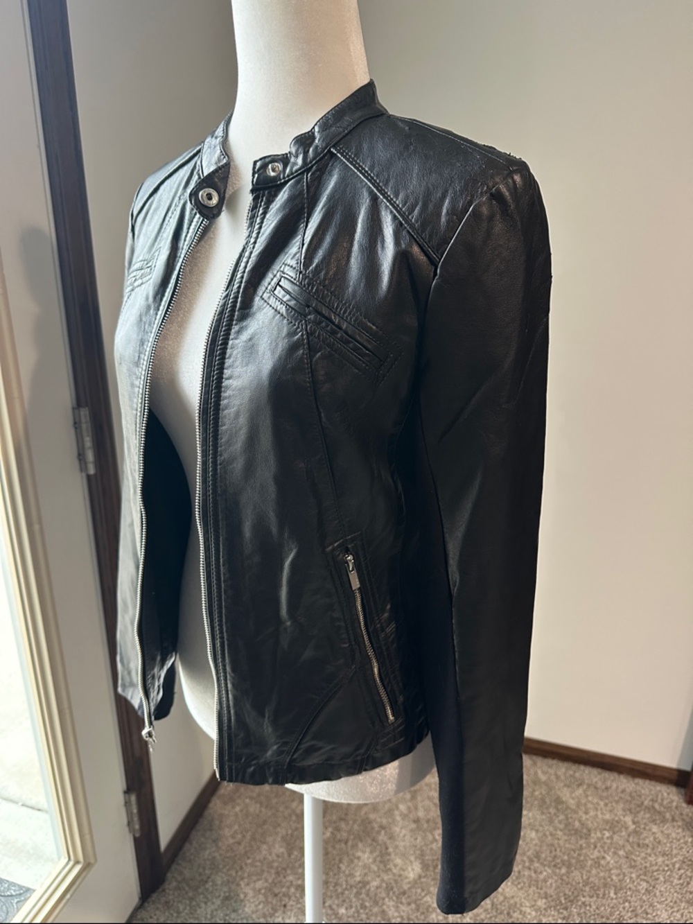 Express Black Leather Moto Jacket with Snap Collar SMALL - Picture 3 of 12
